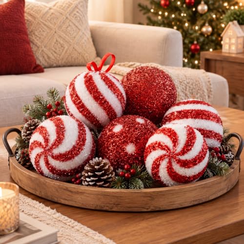 Chunful 6 Pc Jumbo 6 Inch Candy Christmas Ball Ornaments - Red & White, Glitter Tinsel