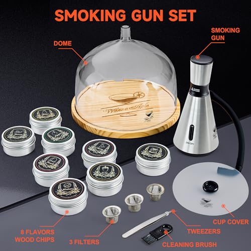 Elegant Cocktail Smoker Kit with 8 Wood Flavors, Silver Dome - Indoor/Outdoor Infuser
