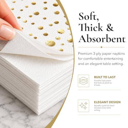 The Essential Concierge Gold / 100 White and Gold Cocktail Napkins 5x5 Inch - Elegant Party Supplies