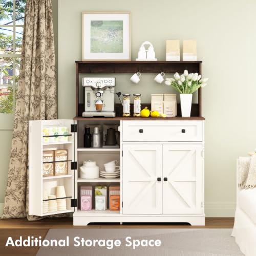 Farmhouse Coffee Bar Cabinet with Charging Station, 39-Inch Kitchen Hutch