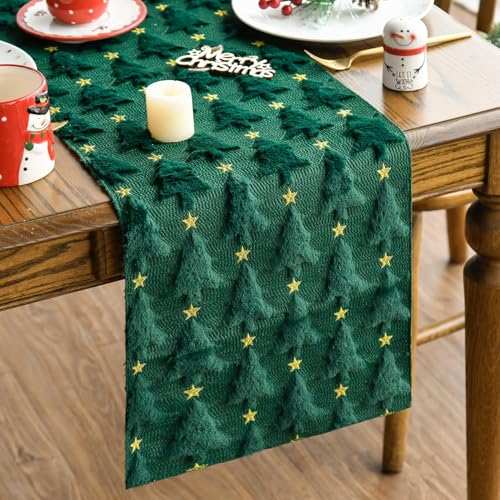 Christmas Tree Stars and Faux Fur Table Runner 13x108 Inches - Green Gold