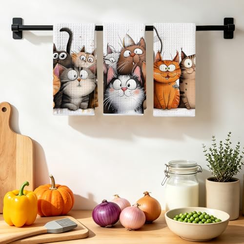 3-Piece Cute Cat Kitchen Towel Set, Soft Microfiber Absorbent Dish Cloths