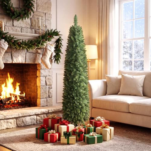 HAPPYGRILL 5ft Pre-lit Artificial Christmas Tree with Warm White LED Lights, Green Slim Xmas Tree