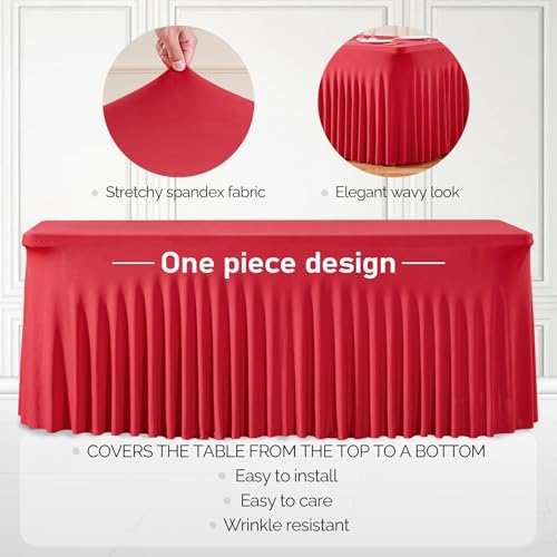 Party Talk Red 6 ft Rectangle Tablecloths 4 Pack – 72x30 In Fitted Spandex with Skirt