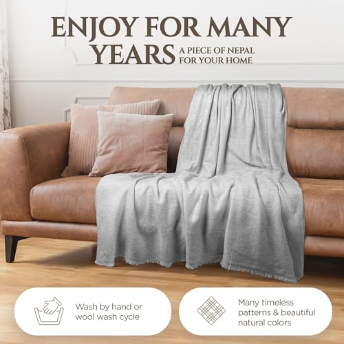 Yanopurna Light Grey Cashmere Wool Throw Blanket 135x270cm Hand Woven Cozy Bed Sofa