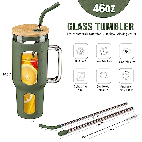 46 oz Glass Tumbler with Handle, Bamboo Lid and Straw for Iced Coffee