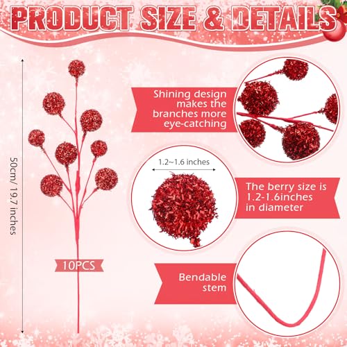Suncalla 10pcs Christmas Glitter Berry Stems 19.7in Red - Holiday Tree & Decor