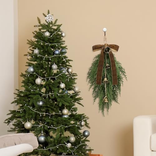 2 Pack Artificial Christmas Cedar Teardrop Swags with Velvet Bow and Bells