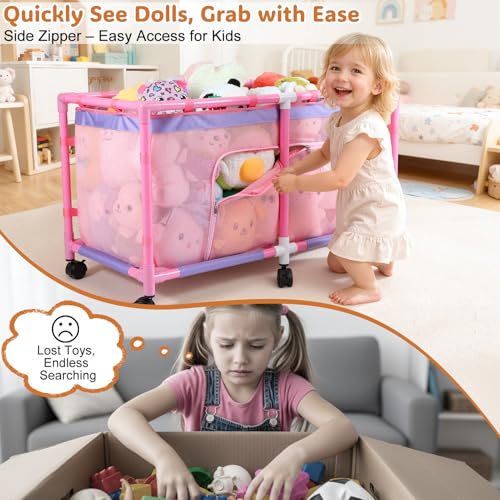 Large Rolling Toy Storage Bin with Mesh Sides and Rotating Wheels
