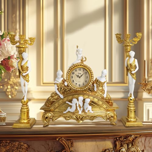GENUINQ 23 Inch Vintage French Rococo Mantel Clock with Candleholders Set