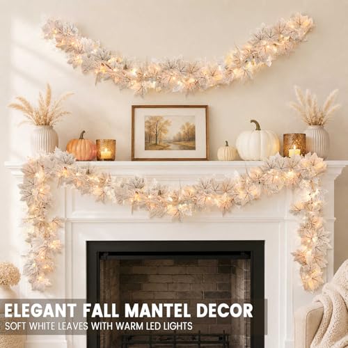 Lighted White Maple Leaf Fall Garland - 2 Pack, 13ft 40 LED String Lights