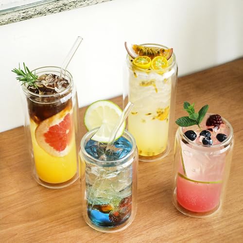 16oz Double Wall Glass Tumbler with Bamboo Lid and Straw - Insulated Cup