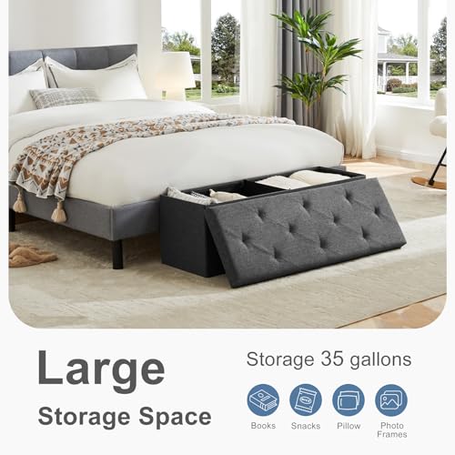 43-Inch Folding Storage Ottoman Bench with Padded Linen Seat - Grey