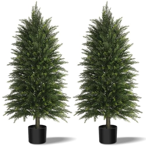 4ft Artificial Cedar Topiary Trees - Set of 2 Potted Faux Evergreen Shrubs
