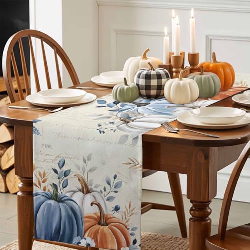 Fall Table Runner 13x36 Inch with Pumpkin Orange & Blue Eucalyptus - Autumn Thanksgiving Decor