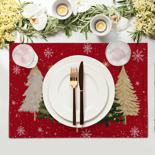 Wnoesat Red Christmas Tree Placemat Set of 4, 12x18 Inch Linen Holiday Decor