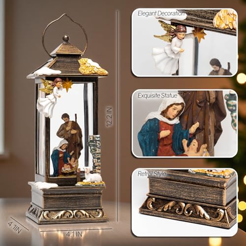 12-Inch Christmas Snow Globe Lantern with Nativity, Angel, Music & LED Light