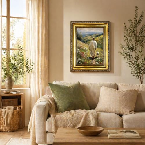 Jesus and Lamb Framed Canvas Wall Art - Good Shepherd Lost Sheep 12x16in - Christian Home Decor