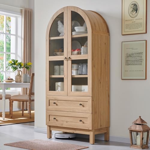 71" Arched Kitchen Pantry Cabinet with Glass Doors & Drawers