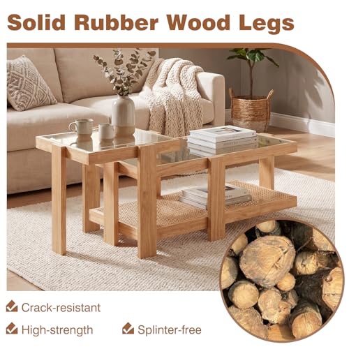 2-Piece Nesting Coffee Table Set with Rattan Accents and Glass Top
