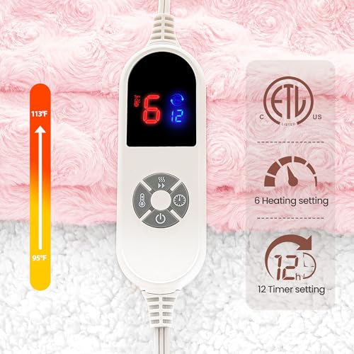 Electric Heated Blanket 50"x60" Pink Faux Rabbit Fur | 6 Heat Settings & Auto Shut Off
