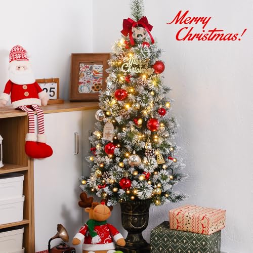 4ft Pre-Lit Artificial Christmas Tree with Gold Pot and Flocked Snow