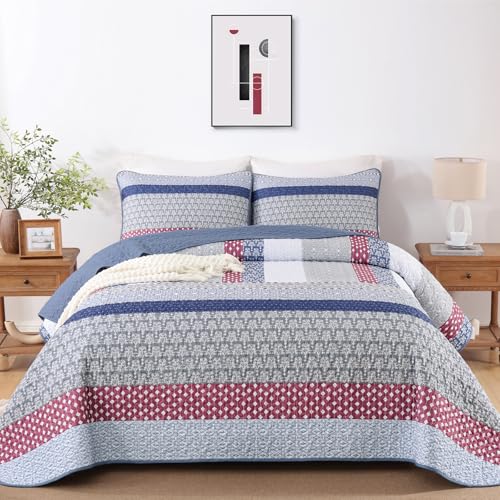 Boho Patchwork Quilt King Size Set - 3 Piece Microfiber Coverlet Bedspread