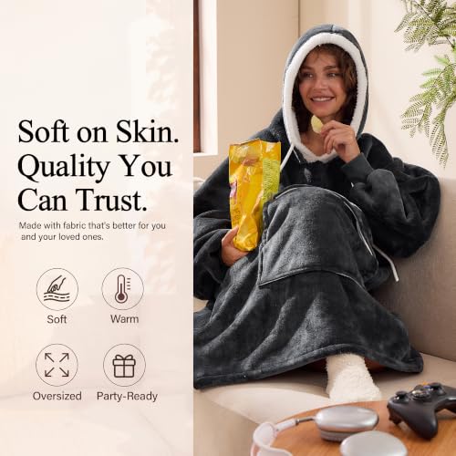 Qeils Dark Grey Wearable Blanket Hoodie for Women - Sherpa Fleece Cozy Pullover