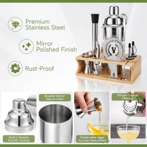 Stainless Steel Cocktail Shaker Set with Stand - 10-Piece Bartender Kit for Home & Bar