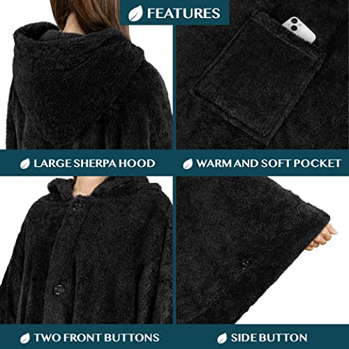 Sherpa Wearable Hooded Blanket Poncho with Pockets - Soft Fuzzy Wrap