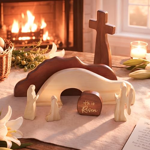 Wooden Resurrection Scene - Handcrafted Easter Empty Tomb & Cross Decor