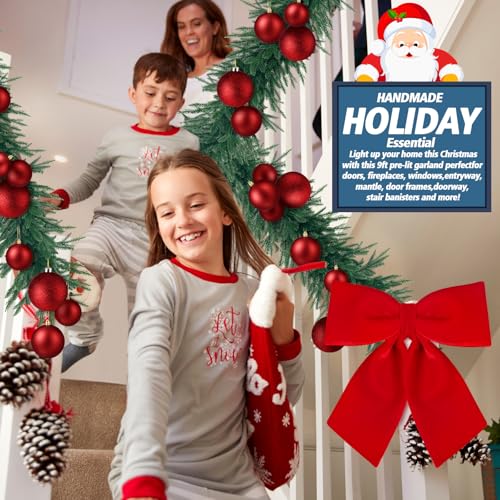 Christmas Outdoor Garland with Jumbo Velvet Bow, 24 Inch Festive Decor