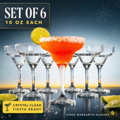 Vikko Set of 6 Clear 10oz Margarita Glasses for Cocktails & Frozen Drinks