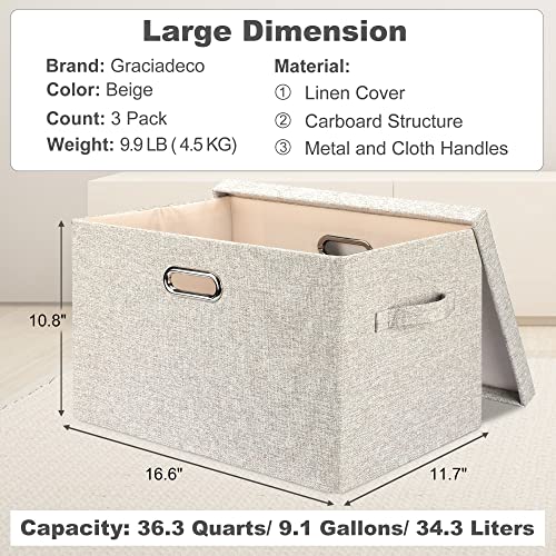 Collapsible Stackable Storage Bins with Lids 3-Pack Beige Linen Fabric