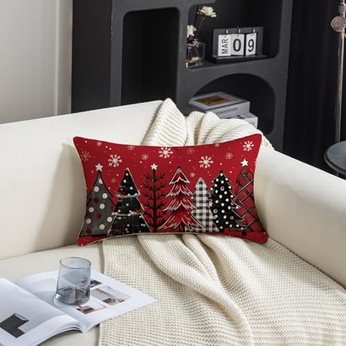Red Christmas Pillow Covers 12x20 Set of 2 with Snowman & Trees