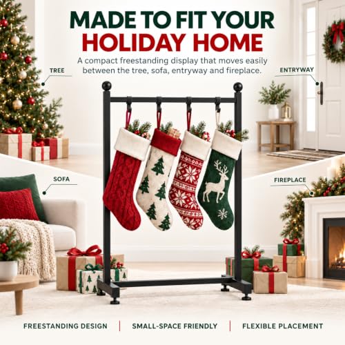 Christmas Stocking Holder Stand with 4 Hooks, Freestanding Metal Rack, 42" Tall