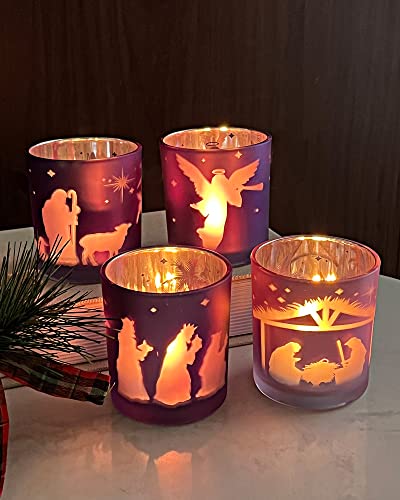 Glass Advent Candle Holders Set of 4 - Christmas Nativity Table Decor