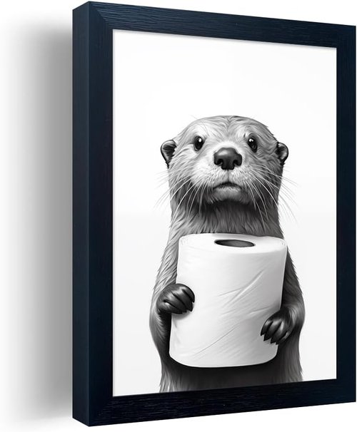Funny Bathroom Wall Art - Framed Black and White Raccoon Canvas Print | Humorous Decor for Your Bathroom