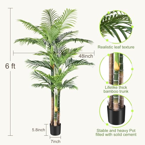 6ft Tall Triple Golden Cane Palm Artificial Tree in Pot - UV Resistant