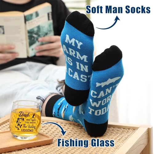 Fishing Gift Set for Dads – 5‑in‑1 Humorous Fishing Gifts, Mason Jar Cup, Socks, Towel & Card