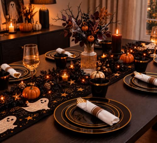 WELLIFE 210-Piece Black & Gold Plastic Dinnerware Set for 30 Guests – 30 Dinner Plates, 30 Dessert Plates, 30 Black 9 oz Cups, 30 Pre-Rolled Napkins, Goldware