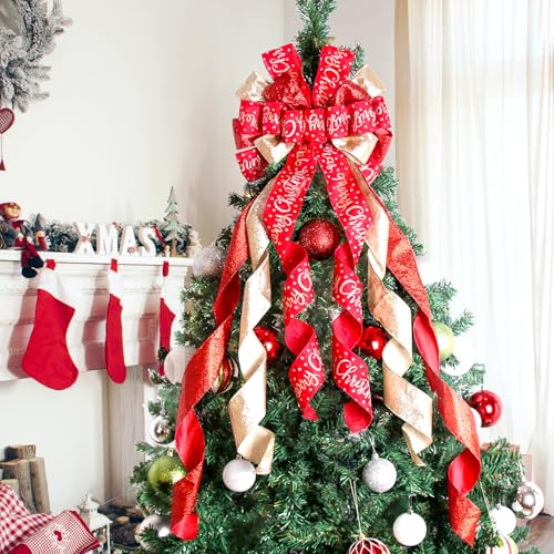 Large Red Christmas Tree Topper Bow - 45x12 Inch Wired Holiday Wreath Bow