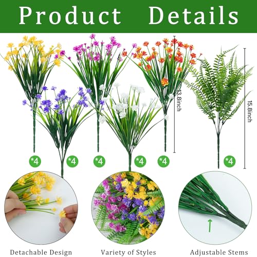 24 Bundles UV Resistant Artificial Outdoor Flowers & Faux Fern Plants