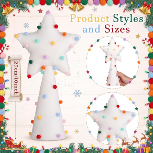 10-Inch Felt Christmas Star Tree Topper with Rainbow Pom Poms - White Holiday Decor