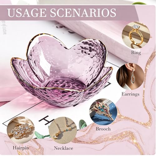 Purple Flower Glass Ring Holder Dish and Jewelry Tray Vanity Organizer