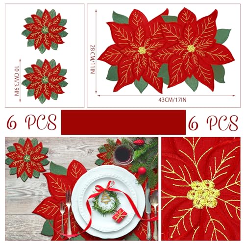 Tudomro Christmas Flower Embroidered Poinsettia Placemat & Coaster Set - Holiday Table Decor