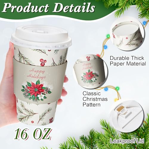 Jingmore 48-Pack 16oz Christmas Coffee Cups with Lids & Sleeves - 4 Festive Designs, Rustic Christmas