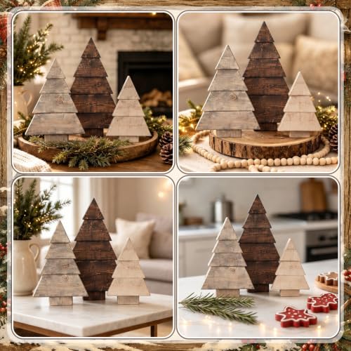 RattanView 3 Pcs Christmas Table Decor Farmhouse Wooden Pine Tree