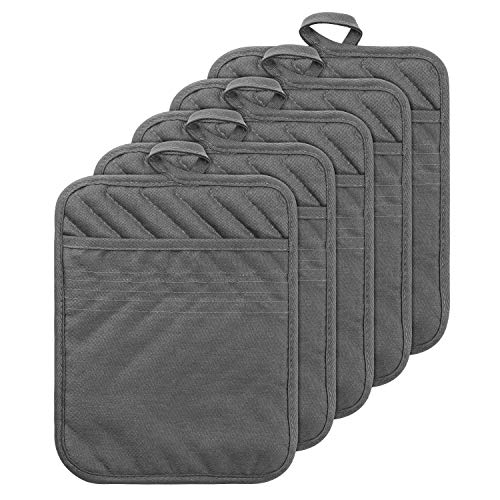 5-Pack Cotton Pocket Pot Holders - Heat Resistant Kitchen Hot Pads, Grey
