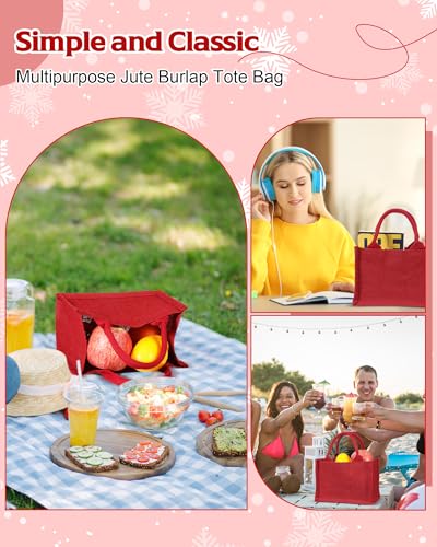 Cunno 12 Pcs Burlap Tote Bags with Handles, Small Reusable Jute Gift Bags, 9.06 x 5.12 x 6.3 cm, Red Style